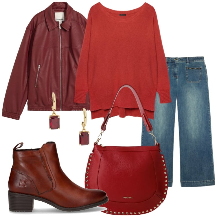 Outfit donna - Jeans per il lavoro. Stile Casual per Tutti i giorni. Abbinamento con blazer, borse a spalla, orecchini, pullovers, jeans, stivaletti.