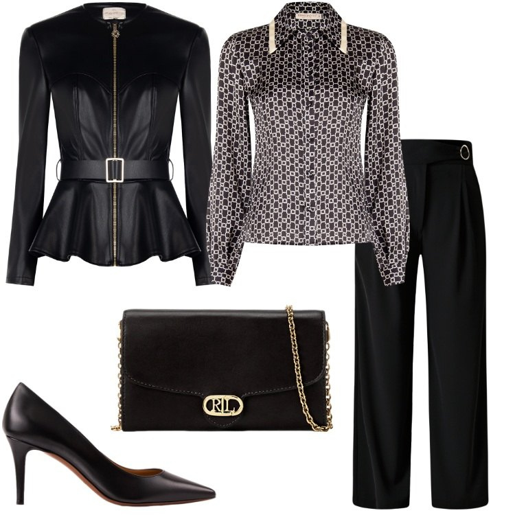 Outfit donna - Rinascimento - Black Friday 2025. Stile Chic per Serata fuori. Abbinamento con blazer, pantaloni a palazzo, camicie, borse a tracolla, décolleté.