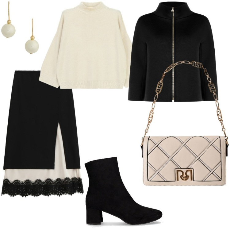 Outfit donna - Total look #2286508. Stile Chic per Serata fuori. Abbinamento con borse a tracolla, cappe, maglieria, gonne longuette, orecchini, stivaletti.