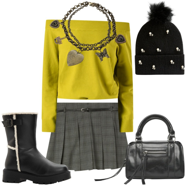 Outfit donna - Outfit del cuore. Stile Casual chic per Serata fuori. look ideale per Petite. Abbinamento con stivali, maglieria, berretti, minigonne, borse a mano, collane.