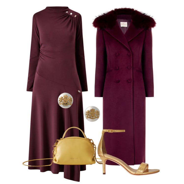 Outfit donna - Bordeaux & Gold. Stile Chic per Serata fuori. Abbinamento con vestiti midi/longuette, cappotti, borse a mano, orecchini, sandali in pelle.