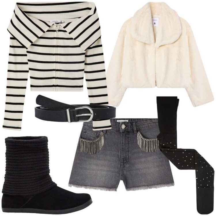 Outfit donna - Total look #2286513. Stile Rock per Serata fuori. Abbinamento con stivali, cardigans, collant, cinture, shorts, ecopellicce.