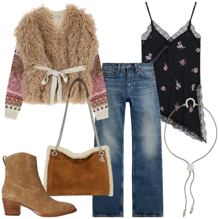 Outfit donna - Total look #2286514. Stile Etnico per Tutti i giorni. Abbinamento con maglieria, top, jeans bootcut, braccialetti con ciondoli, stivaletti, borse tote.