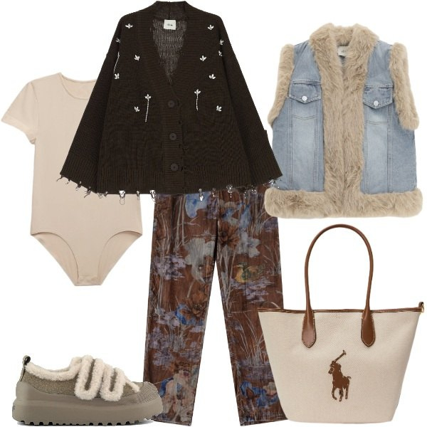 Outfit donna - fiori d\'autunno. Stile Casual per Tutti i giorni. Abbinamento con cardigans, pantaloni, gilet, body, borse tote, sneakers.