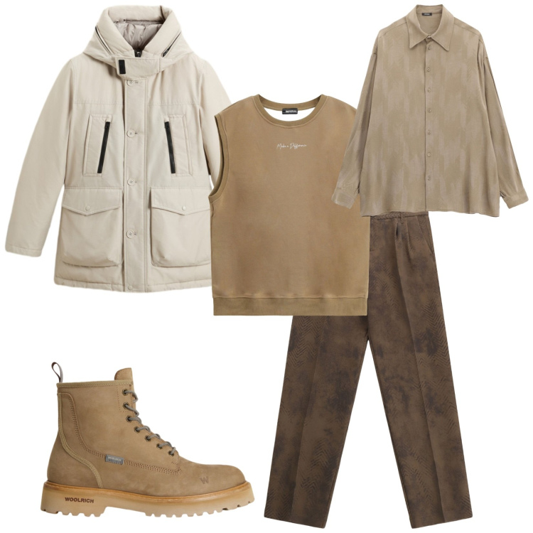 Outfit uomo - Total look #2286520. Stile Trendy per Tutti i giorni. Abbinamento con pantaloni, camicie, felpe, anfibi, parka.