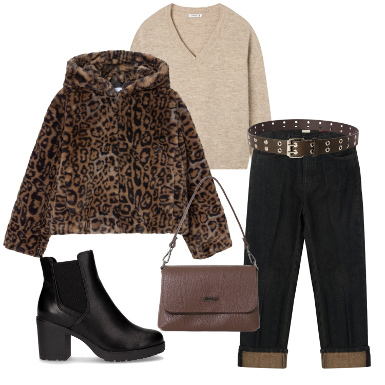 Outfit donna - La pelliccia animalier. Stile Chic per Tutti i giorni. Abbinamento con maglieria, cinture, ecopellicce, borse a tracolla, jeans dritti, stivaletti chelsea.