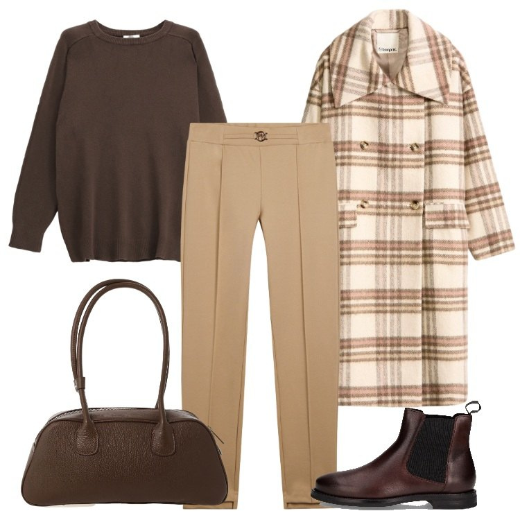 Outfit donna - Brownie. Stile Casual per Tutti i giorni. Abbinamento con cappotti, pullovers, borse a mano, pantaloni, stivaletti chelsea.