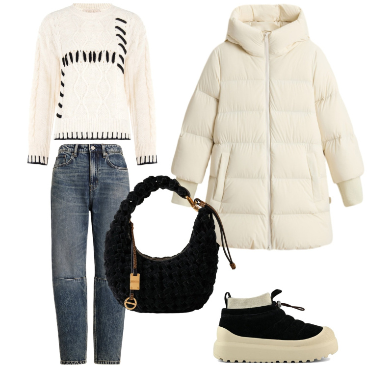 Outfit donna - Total look #2286536. Stile Urban per Tutti i giorni. Abbinamento con maglieria, borse a mano, jeans, piumini, stivaletti.