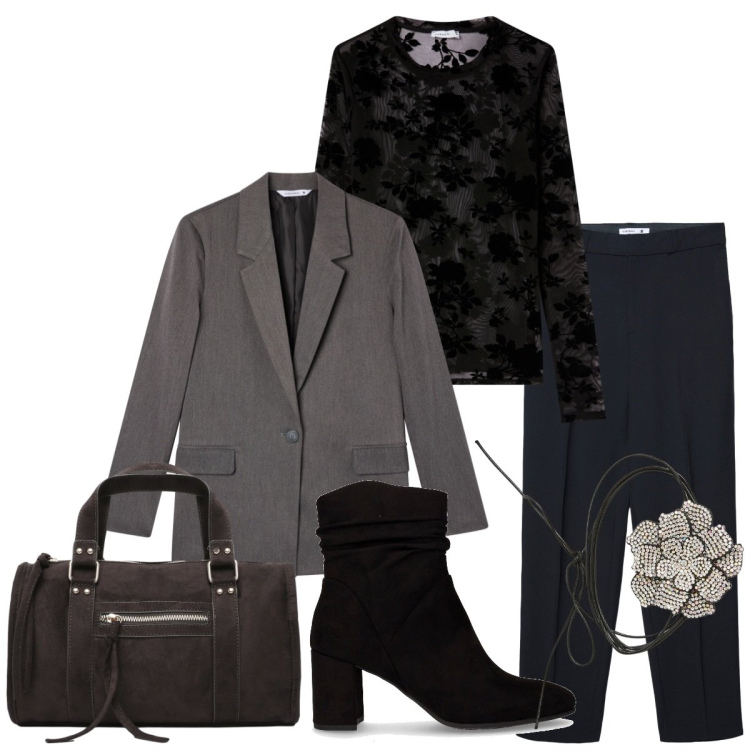 Outfit donna - Black and grey. Stile Bon Ton per Ufficio. Abbinamento con t-shirt, blazer, pantaloni, collane, borse a mano, stivaletti.