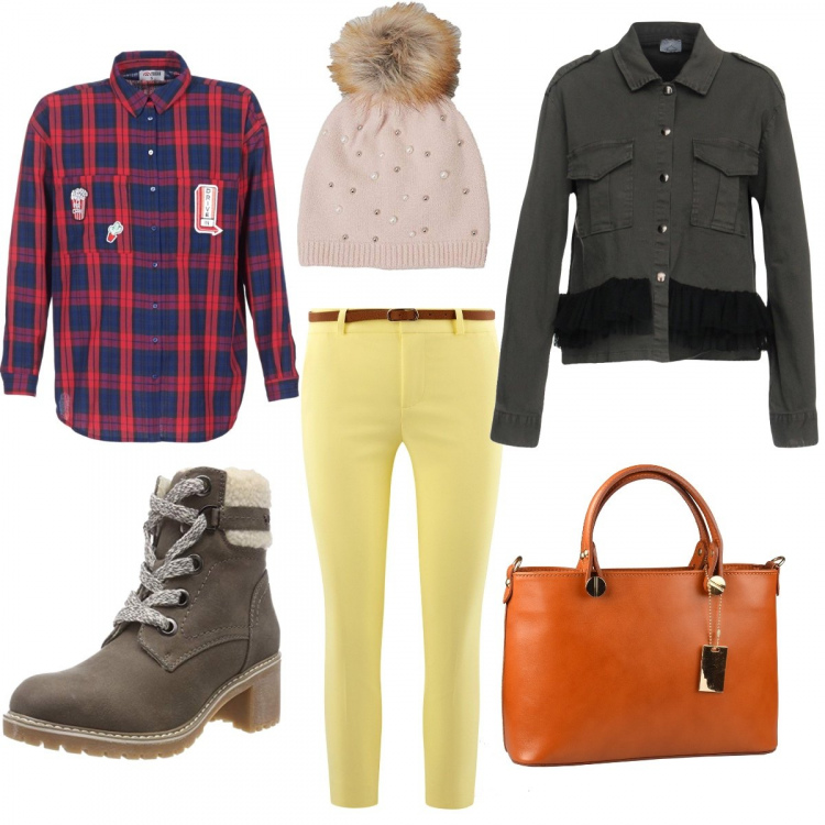 Outfit donna - Trendy #2284. Stile Trendy per Tutti i giorni. Abbinamento con giubbotto con balze collo classico a maniche lunghe interno sfoderato in tulle tinta unita, camicie, borsa a mano made italy con zip tinta unita, cuffia rosa, stivaletti grigio, pantalone con cintura cropped con cinturino aderente giallo.