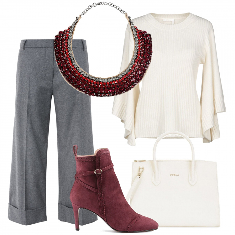 Outfit donna - Pratica e perfetta. Stile Chic per Ufficio. Abbinamento con pantalone capri 50% lana verde, pullover lavorato a maglia collo tondo a maniche 3/4 tinta unita, collana con strass girocollo con gancetto, tronchetti oxford effetto scamosciato con cinturino bordeaux, borsa a mano con zip e tracolla removibile.