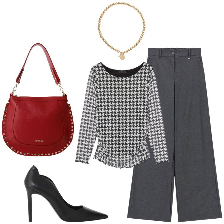 Outfit donna - Total look #2286574. Stile Casual chic per Serata fuori. Abbinamento con borse a spalla, décolleté, pantaloni a palazzo, collane, bluse.