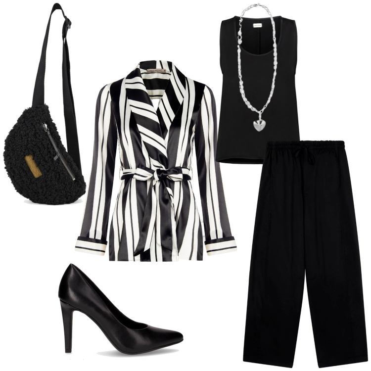 Outfit donna - Total look #2286633. Stile Chic per Serata fuori. Abbinamento con pantaloni, blazer, top, collane, marsupi, décolleté.