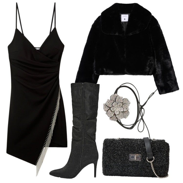 Outfit donna - Charme. Stile Sexy per Serata fuori. Abbinamento con vestiti corti, stivali, ecopellicce, collane, borse a tracolla.
