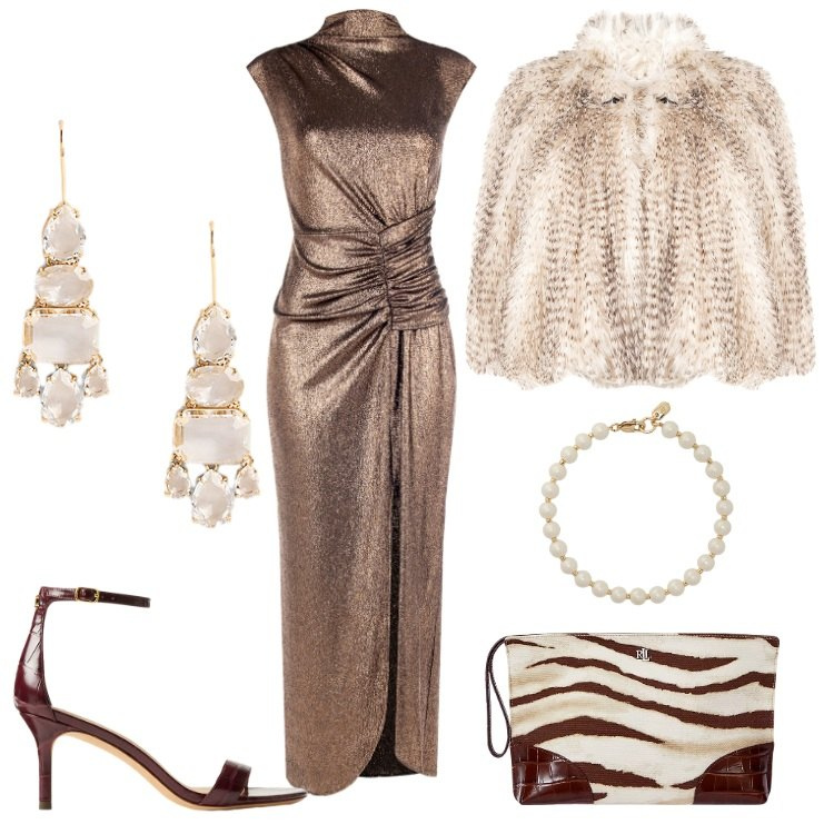 Outfit donna - chopard. Stile Chic per Cerimonia. Abbinamento con vestiti lunghi, ecopellicce, orecchini, sandali in pelle, pochette, braccialetti.