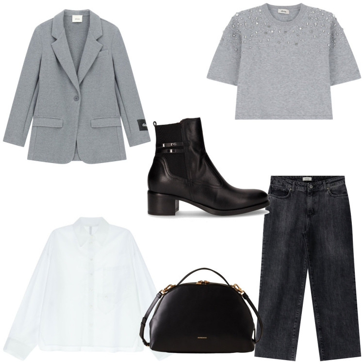 Outfit donna - Glamour per le feste. Stile Glamour per Tutti i giorni. Abbinamento con camicie, borse a mano, maglieria, jeans dritti, blazer, stivaletti.