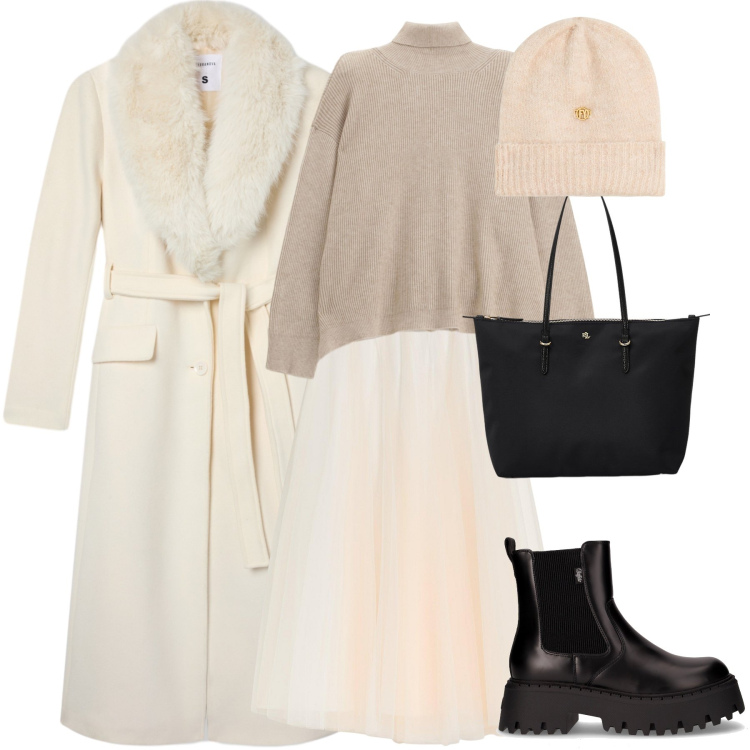 Outfit donna - Forte delicatezza. Stile Casual chic per Serata fuori. Abbinamento con gonne lunghe, cappotti, berretti, maglieria, borse tote, stivaletti chelsea.