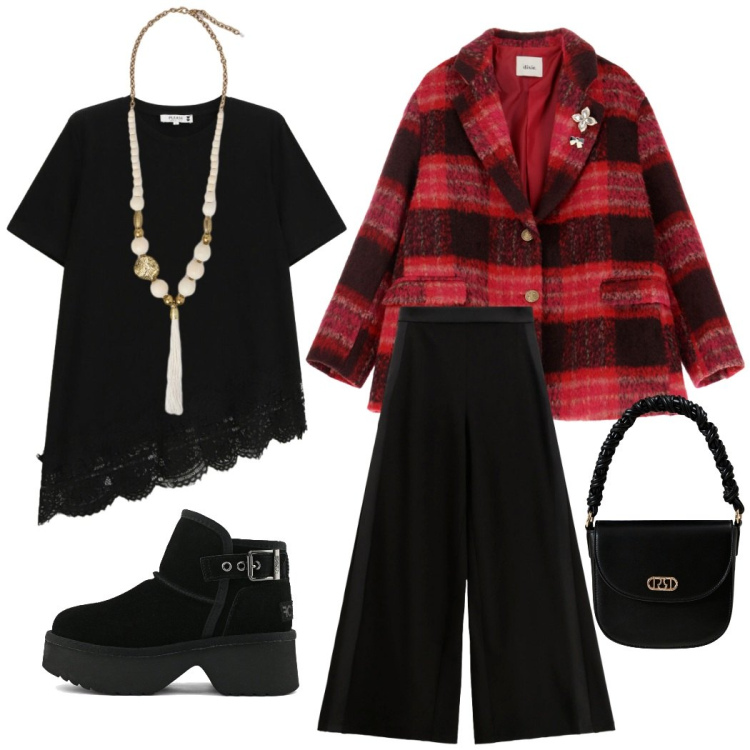 Outfit donna - Happy hour con le amiche. Stile Casual chic per Serata fuori. Abbinamento con t-shirt, borse a mano, pantaloni a palazzo, blazer, ciondoli, stivali.