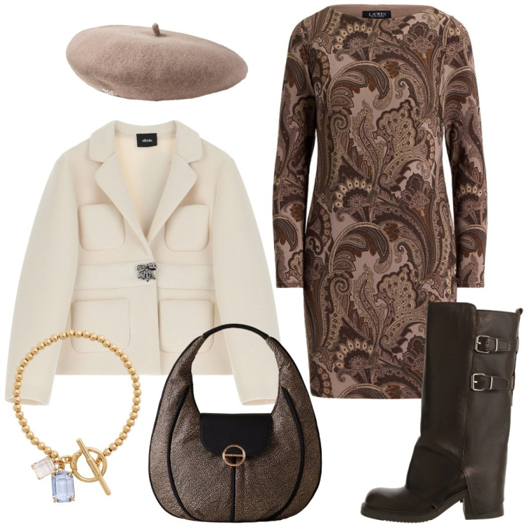 Outfit donna - Toni neutri da mattina a sera. Stile Chic per Tutti i giorni. Abbinamento con borse a spalla, blazer, stivali, vestiti, braccialetti, berretti.