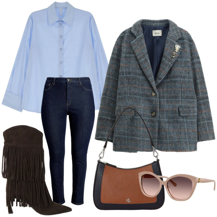 Outfit donna - Autunno in città. Stile Casual chic per Tutti i giorni. Abbinamento con camicie, stivali, blazer, jeans skinny, occhiali da sole, borse a spalla.