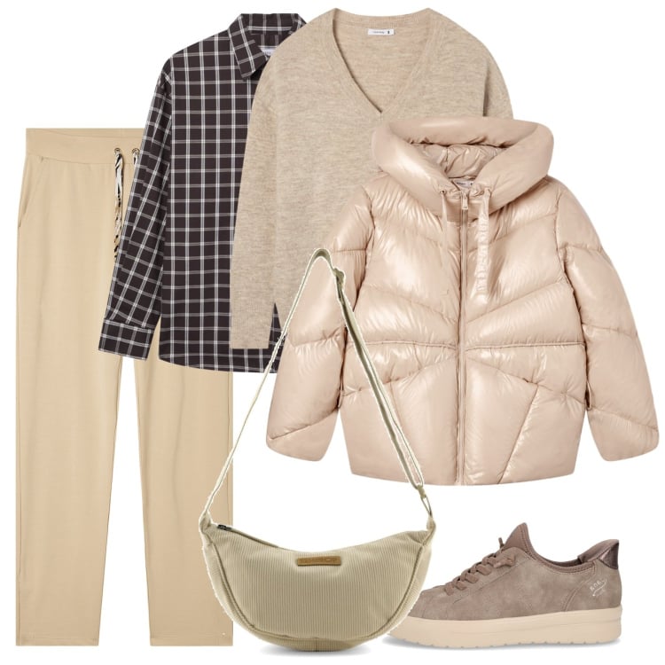 Outfit donna - Crema calda. Stile Casual per Scuola/Università. Abbinamento con giacche, camicie, maglieria, pantaloni, borse a tracolla, sneakers.