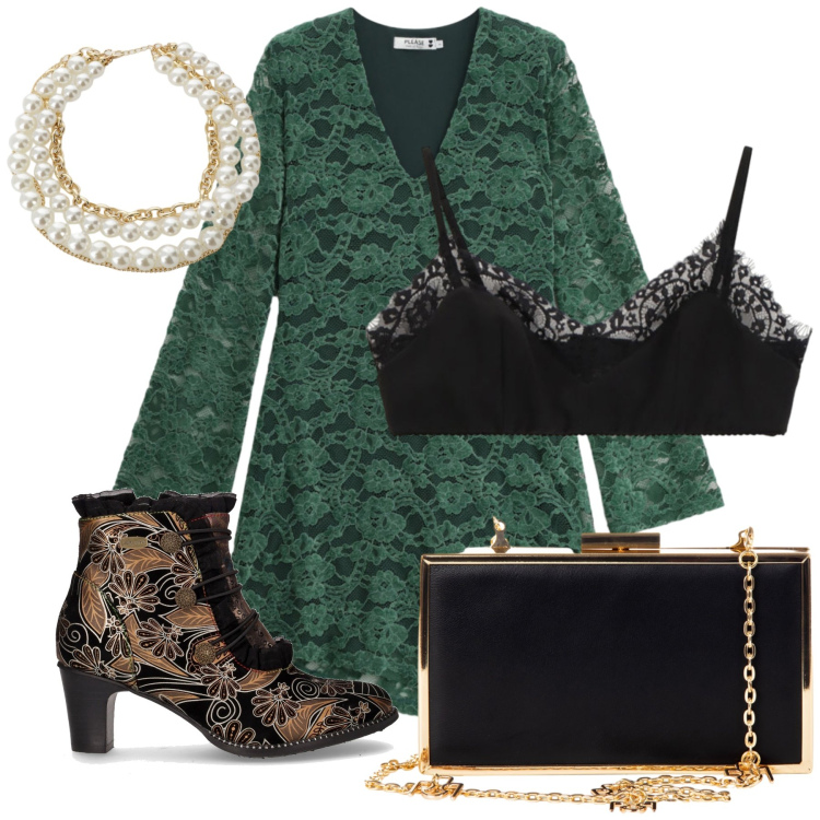 Outfit donna - Novembre glam. Stile Glamour per Serata fuori. Abbinamento con vestiti corti, pochette, bralette, collane, stivaletti.