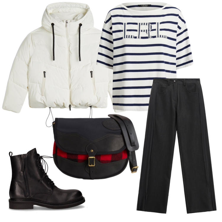 Outfit donna - Total look #2286649. Stile Casual per Tutti i giorni. Abbinamento con jeans, piumini, t-shirt, borse a tracolla, anfibi.