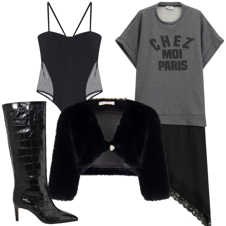 Outfit donna - Aperitivo glam alla francese. Stile Trendy per Serata fuori. Abbinamento con bolero, body, vestiti midi/longuette, stivali.