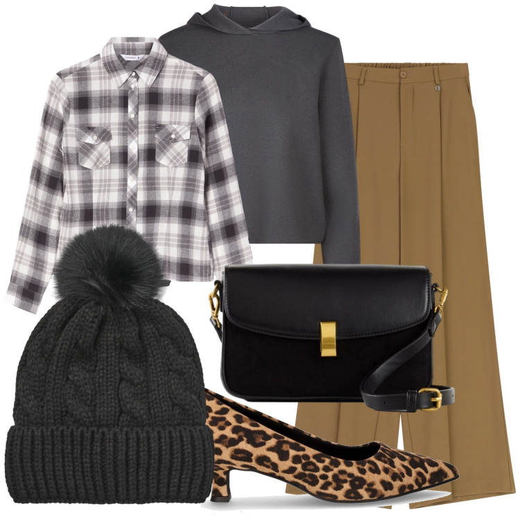 Outfit donna - Sabato mattina mix. Stile Urban per Tutti i giorni. Abbinamento con borse a mano, camicie, berretti, pantaloni a palazzo, maglieria, décolleté.