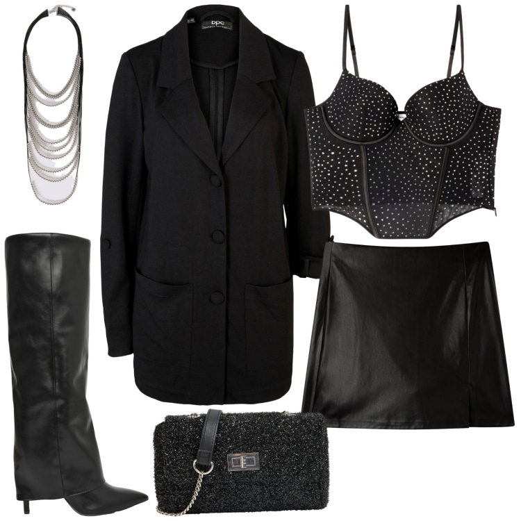 Outfit donna - Una serata fuori. Stile Glamour per Serata fuori. Abbinamento con blazer, top, stivali, minigonne, borse a tracolla, collane.