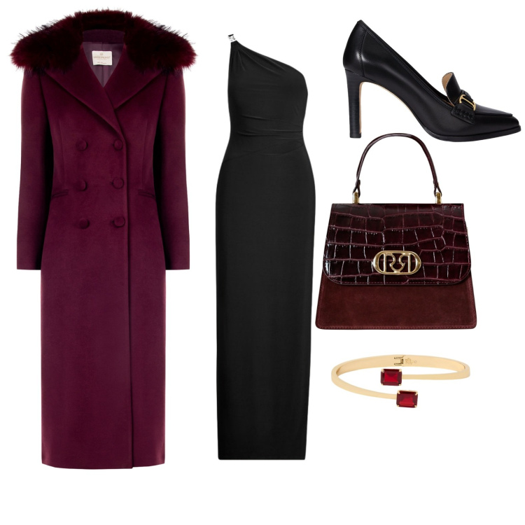 Outfit donna - Total look #2286653. Stile Bon Ton per Serata fuori. Abbinamento con cappotti, borse a mano, vestiti asimmetrici, braccialetti, décolleté.