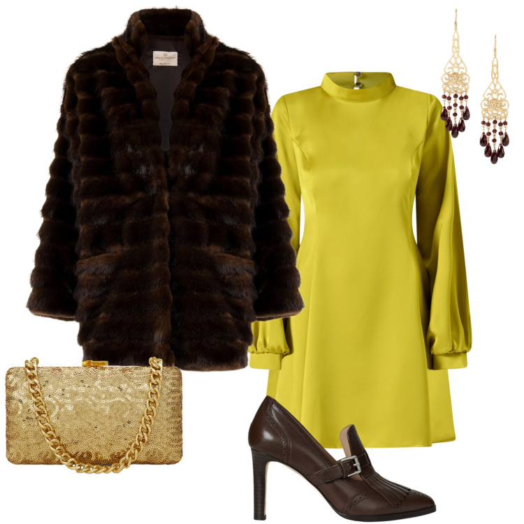 Outfit donna - Rinascimento black Friday. Stile Chic per Cerimonia. Abbinamento con vestiti corti, cappotti, décolleté, clutch, orecchini.