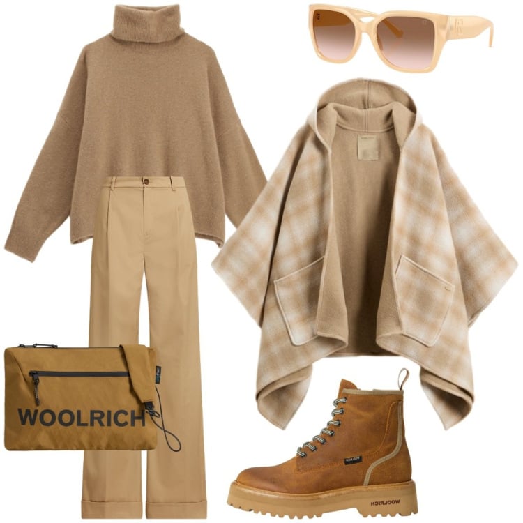 Outfit donna - Beige chic. Stile Casual chic per Tutti i giorni. Abbinamento con maglieria, pantaloni, occhiali da sole, cappe, anfibi, borse a tracolla.
