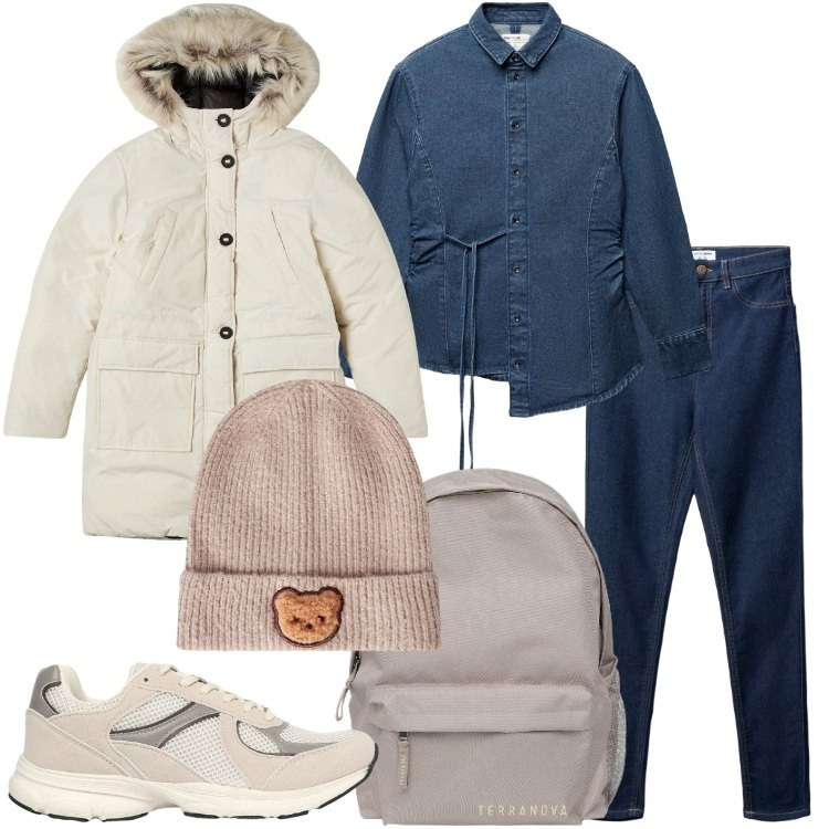 Outfit donna - Terranova - Black Friday 2025. Stile Casual per Scuola/Università. Abbinamento con parka, jeggings, camicie, sneakers, zaini, berretti.
