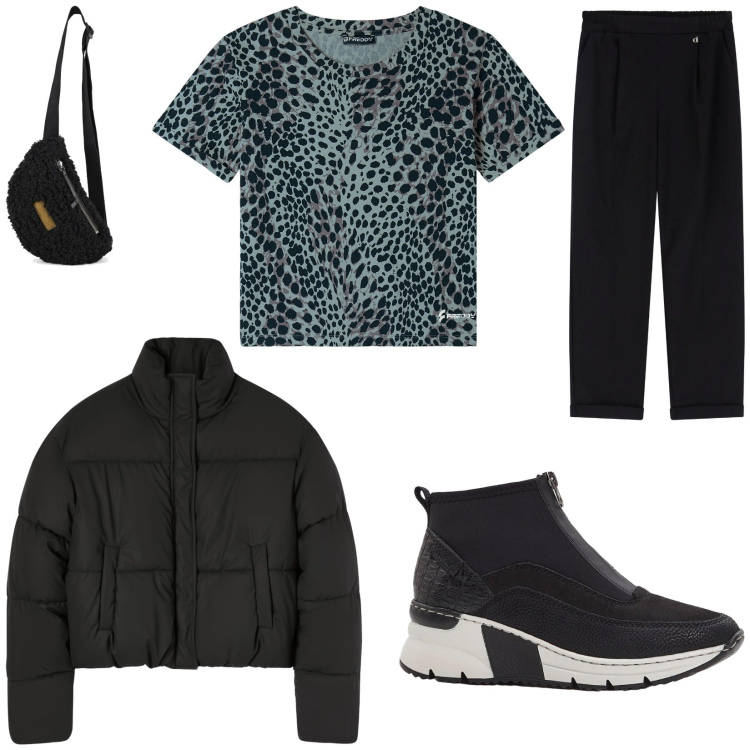 Outfit donna - Sportiva in città. Stile Sporty chic per Tutti i giorni. Abbinamento con sneakers, bomber, t-shirt, pantaloni, marsupi.