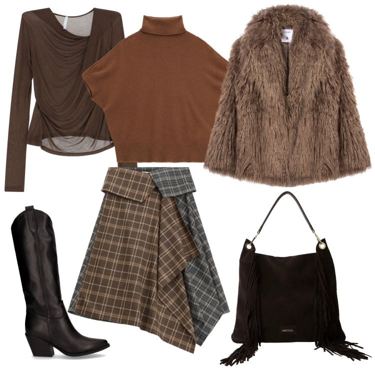 Outfit donna - Marrone Is the new black. Stile Trendy per Tutti i giorni. Abbinamento con ecopellicce, borse a spalla, bluse, maglieria, minigonne, stivali.