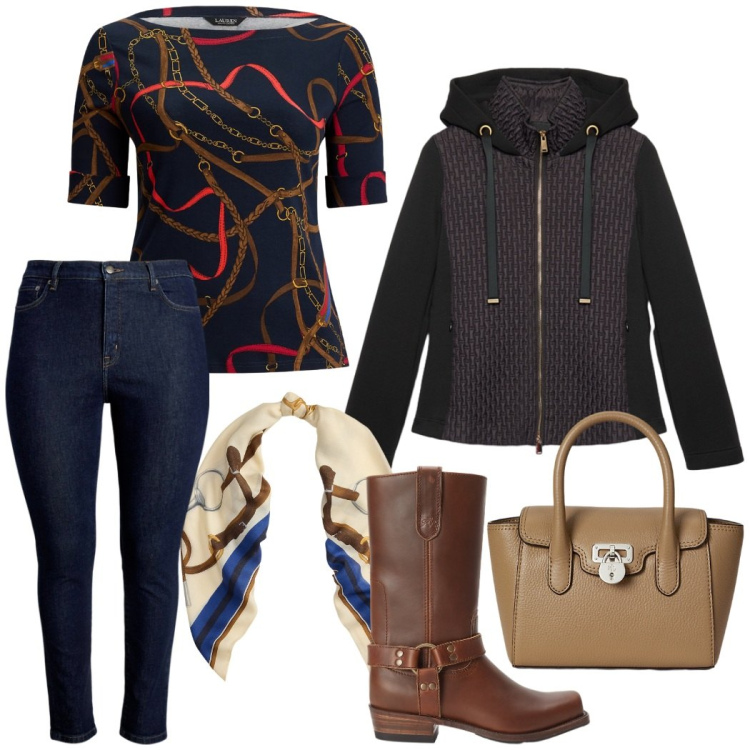 Outfit donna - Casual con stile. Stile Casual chic per Tutti i giorni. Abbinamento con jeans skinny, stivaletti, t-shirt, borse a mano, foulard, blazer.
