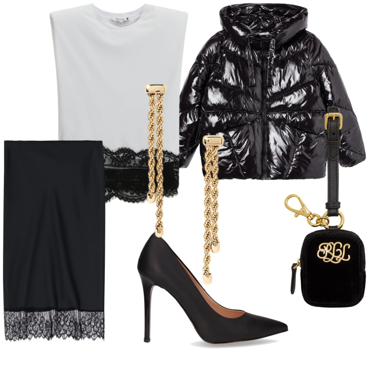 Outfit donna - Serata in bomber. Stile Glamour per Serata fuori. Abbinamento con top, bomber, gonne longuette, pochette, orecchini, décolleté.