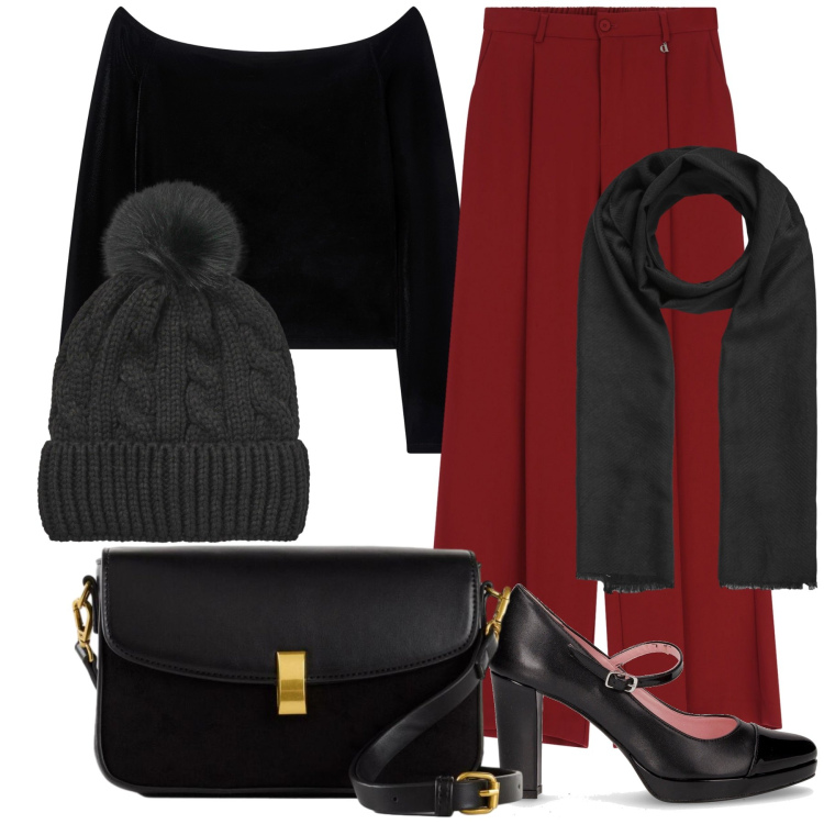 Outfit donna - Il cinema del sabato sera. Stile Urban per Serata fuori. Abbinamento con borse a mano, foulard, berretti, bluse, pantaloni a palazzo, décolleté.