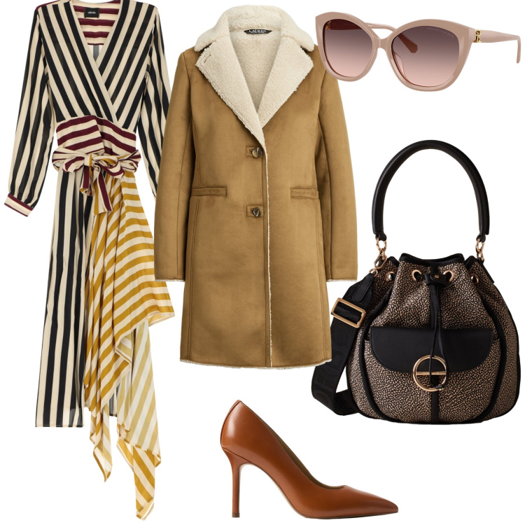 Outfit donna - Elegantissima in ufficio. Stile Chic per Ufficio. Abbinamento con borse a secchiello, vestiti lunghi, occhiali da sole, cappotti, décolleté.