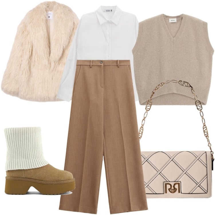 Outfit donna - Caldo gilet. Stile Glamour per Tutti i giorni. Abbinamento con pantaloni, camicie, ecopellicce, borse a tracolla, maglieria, stivali.