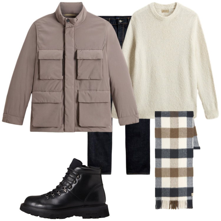 Outfit uomo - Giacca Cloud. Stile Casual per Tutti i giorni. Abbinamento con jeans, stivali e stivaletti, maglieria, giacche, sciarpe.