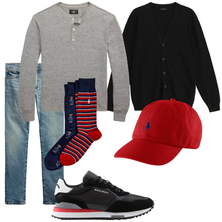 Outfit uomo - Maglietta serafino. Stile Casual per Tutti i giorni. Abbinamento con cardigans, jeans, cappelli, calzini, t-shirt, sneakers.