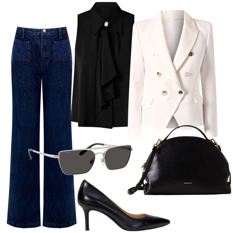 Outfit donna - In ufficio jeans e tacchi. Stile Trendy per Ufficio. Abbinamento con blazer, jeans, camicie, borse a mano, décolleté, occhiali da sole.