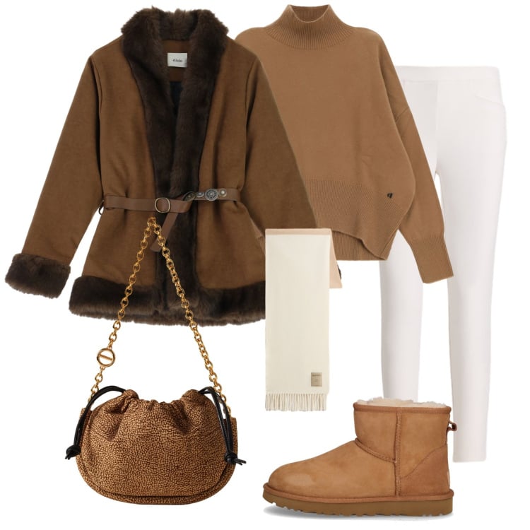 Outfit donna - Chic and cozy. Stile Casual chic per Tutti i giorni. Abbinamento con borse a spalla, maglieria, cinture, pantaloni, sciarpe, stivaletti chelsea.