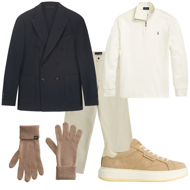 Outfit uomo - Casual in ufficio. Stile Casual per Ufficio. Abbinamento con pantaloni, pullovers, sneakers, guanti, giacche.