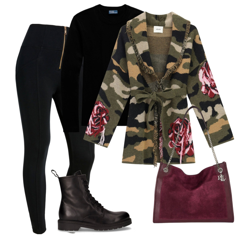 Outfit donna - Novembre. Stile Casual chic per Tutti i giorni. Abbinamento con pantaloni skinny, cardigans, t-shirt, borse tote, anfibi.