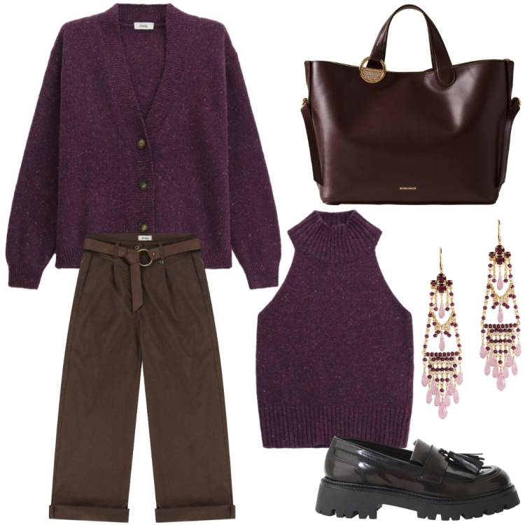 Outfit donna - Prugna e cioccolato casual chic. Stile Casual chic per Tutti i giorni. Abbinamento con shopping bag, top, pantaloni, mocassini, cardigans, orecchini.