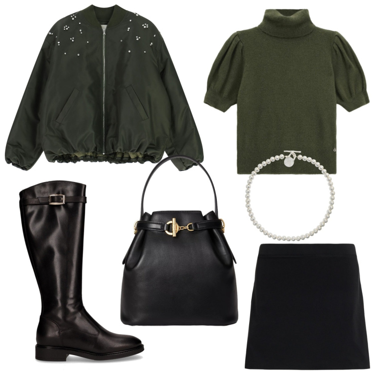 Outfit donna - Il bomber bon ton. Stile Bon Ton per Tutti i giorni. Abbinamento con maglieria, bomber, collane, minigonne, borse a secchiello, stivali.