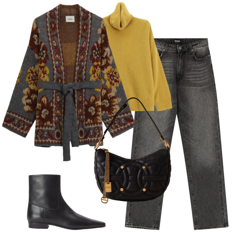 Outfit donna - Novembre. Stile Casual chic per Tutti i giorni. Abbinamento con maglieria, borse a spalla, jeans dritti, cardigans, stivaletti.